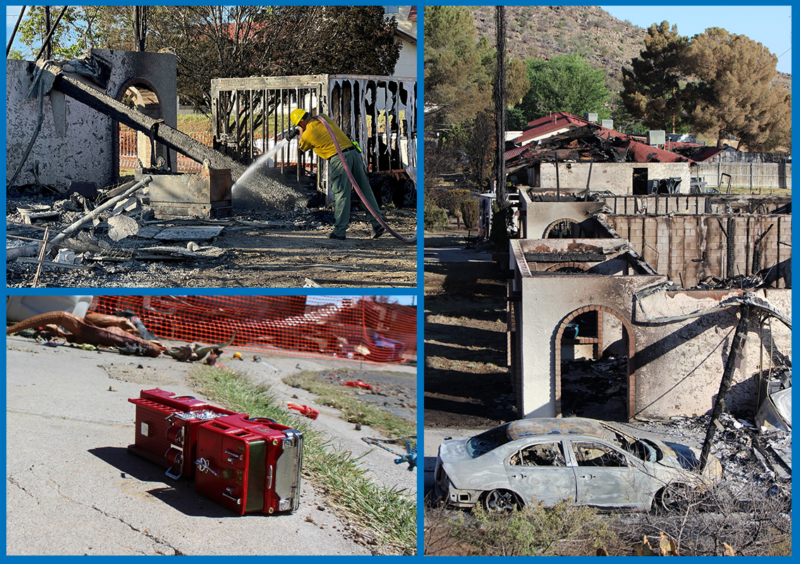 A firefighter works to douse a hotspot following the Spur Fire. Multiple homes were reduced to rubble in the Spur Fire on May 27. A child’s fire truck sits on the sidewalk outside a house.