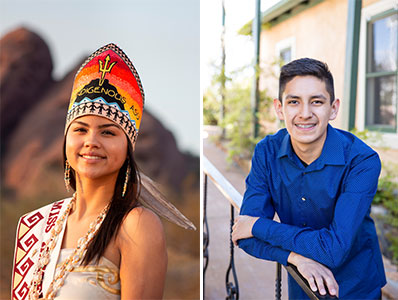 Lourdes Pereira, Tohono O’odham nation member, Miss Indigenous ASU 2021 and 2021-22 Freeport Native American scholarship recipient; Tyler Belknap, San Carlos Apache tribal member and 2021-22 Freeport Native American scholarship recipient.