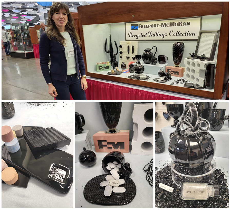 Ormsby shows the products displayed at the show; a decorative pumpkin formed from firepit glass; a cup filled with aggregate made from tailings from the company’s Henderson site in Colorado; and decorative glass tiles featuring the company logo and small round samples showing some of the color options for the formed products.