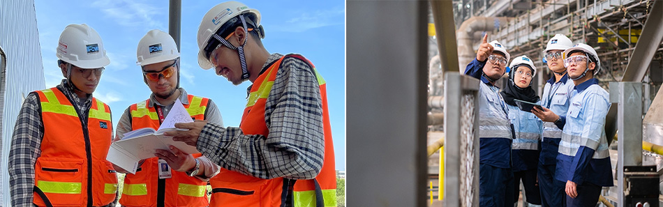 Photos (left to right):Aristya Marzuki (center) was hired last year as a Senior Process Engineer in the Precious Metals Refinery at PTFI’s new smelter complex. Pictured with Marzuki are Ramses Sinuraya (left) and Achmad Choilrul Fatichin, both Precious Metals Refinery Operators; Nurdin Febrian, Smelter Operator (left); Rahayu Pratiwi, Smelter Operator; Panggayuh Gumilar, Smelter Operator; and Johny Salim, Process Control Engineer, conduct anode testing at the smelter